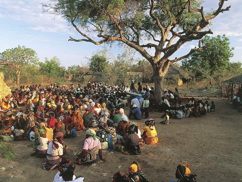 Photo of people at a rally in a village on Ibo Island, Mozambique.