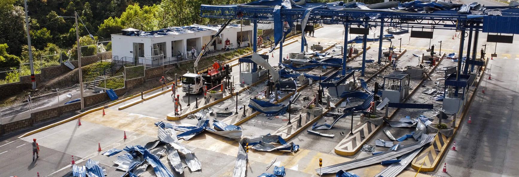 Aerial view of the debris of a toll point attacked with explosives in Pamplonita, Norte de Santander province, Colombia on 4 December 2024. 