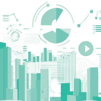 An intricate data visualization illustration showing bar charts, graphs, and abstract shapes.
