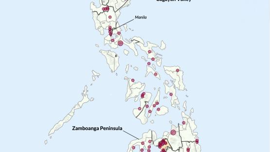 An ACLED map showing data on Violence in the Philippines in March-May 2025